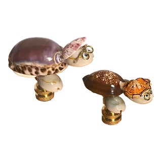 1970s Cute Pair Sea Shell Turtles Figurines as Lamp Finials For Sale