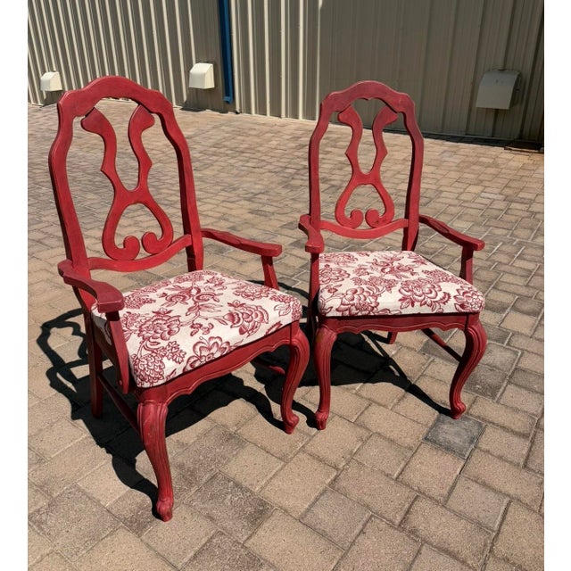 Vintage Red Chinoiserie-Style Armchairs With Floral Upholstery For Sale - Image 10 of 11