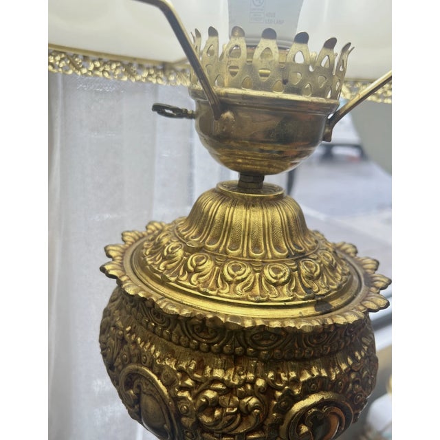 Vintage Mid Century Brass Floor Lamp Floral Hand Painted Shade For Sale - Image 11 of 11