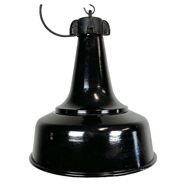 Industrial Black Pendant Factory Lamp with Cast Iron Top, 1970s For Sale