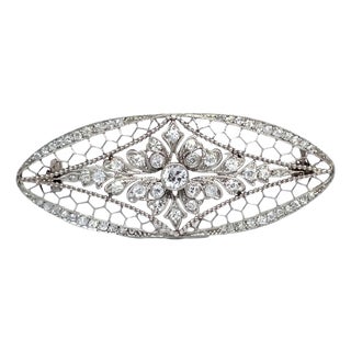 Platinum Vintage Filigree Style Diamond Brooch For Sale