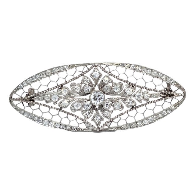 Platinum Vintage Filigree Style Diamond Brooch For Sale