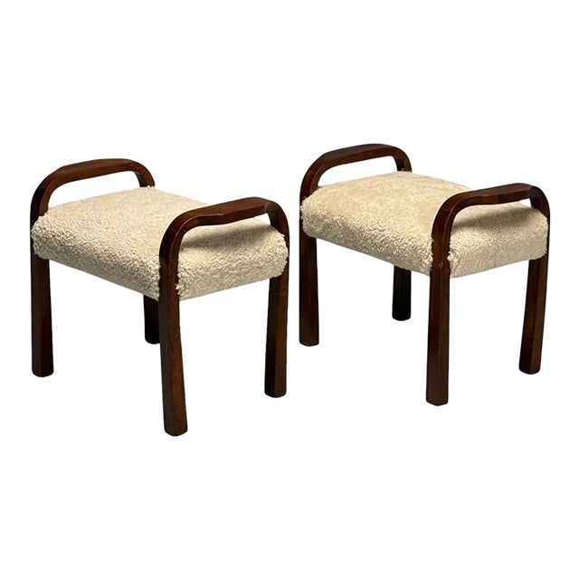 Italian Mid-Century Modern, Footstools, Beige Shearling, Mahogany, Italy, 1950s For Sale