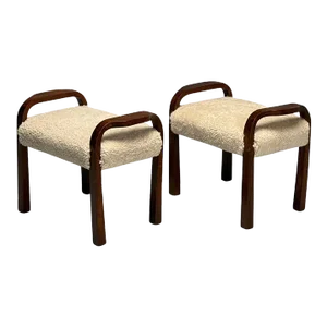 Italian Mid-Century Modern, Footstools, Beige Shearling, Mahogany, Italy, 1950s