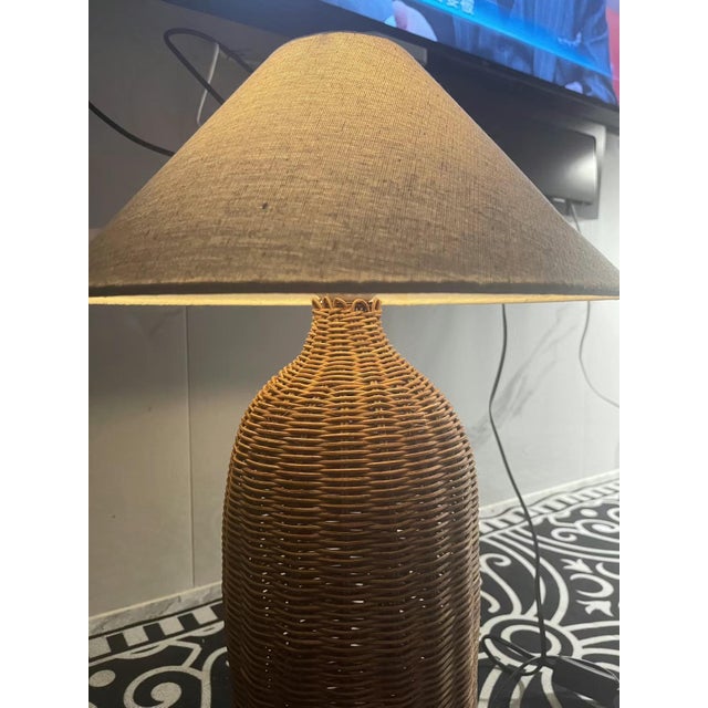 Art Deco Brown Linen & Rattan Lamp For Sale - Image 3 of 5
