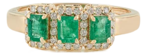 14k Yellow Gold Modern Classic Emerald Diamond Three Stone Ring Size 4