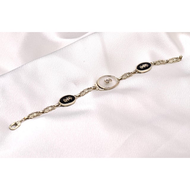 Metal The 48th Street: Antique Art Deco Camphor Glass Bracelet set with Diamonds and Onyx For Sale - Image 7 of 10