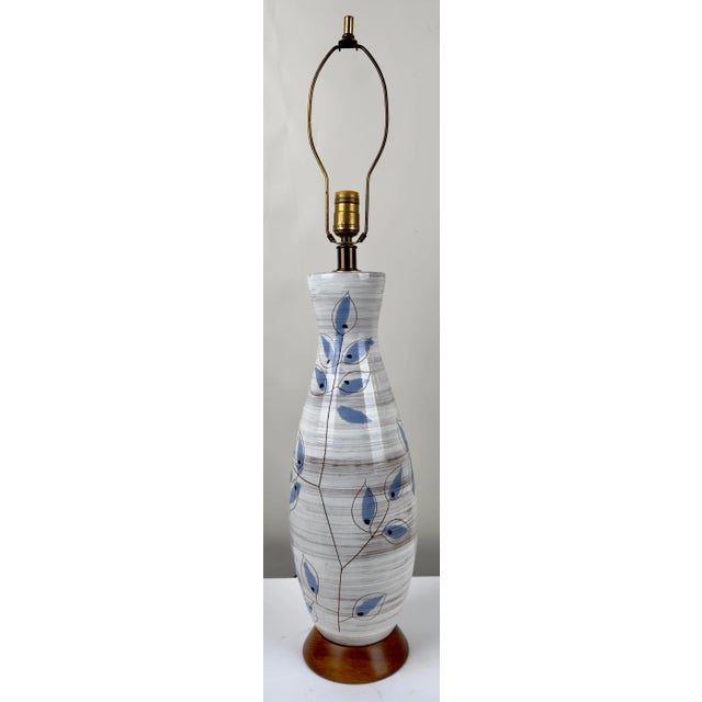 1950s Vintage MCM Bitossi Table Lamp, Ceramic With Blue Leaves, Italy, 1950s For Sale - Image 5 of 11