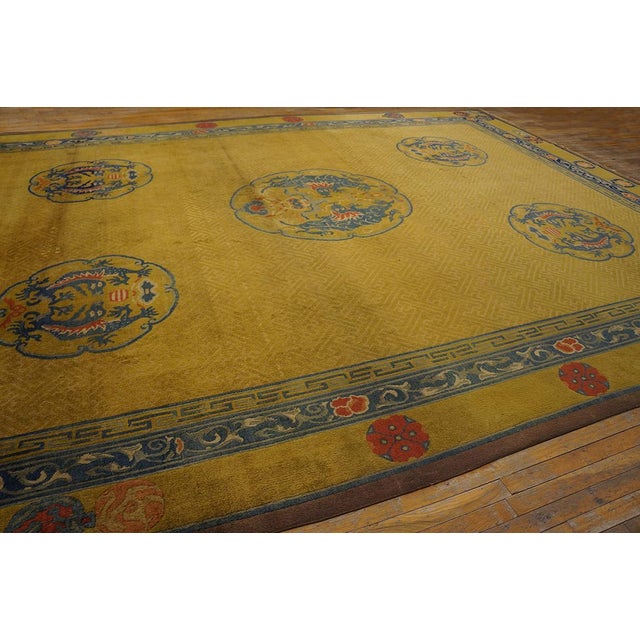 Gold 1920s Yellow Gold Dragon Antique Chinese Rug 12' X 15'6"handknotted Wool Carpet For Sale - Image 8 of 14