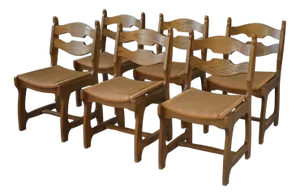 Vintage Oak Dining Chairs with Rush Seat and Echelle Backrest, 1950s, Set of 6