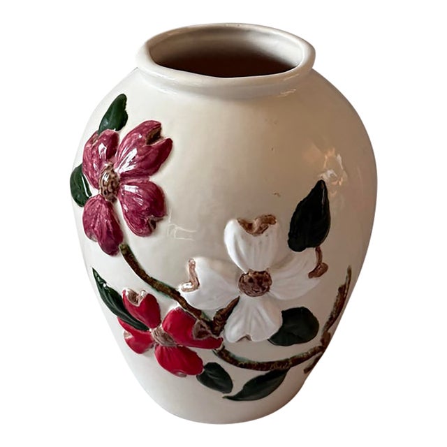 Vintage 1970s Handmade Floral Embossed Ceramic Vase For Sale
