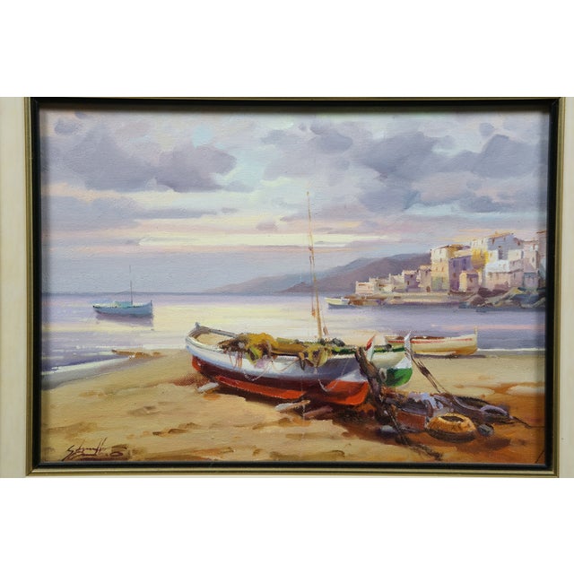 Wood Salvador Caballero 'Costa Brava' Coastal Landscape Seascape Harbor Painting 22" For Sale - Image 7 of 13