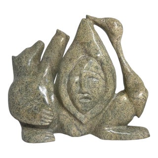 Large Vintage Tukiki Manomie Inuit Canadian Carved Soapstone Sculpture Statue For Sale