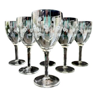 Vintage Wine Glasses by Standard Glass Co in the Criss Cross & Punties Pattern – Set of 6 Gobblets - Art Deco Depression Glass – 7.25" For Sale