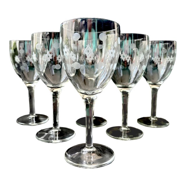 Vintage Wine Glasses by Standard Glass Co in the Criss Cross & Punties Pattern – Set of 6 Gobblets - Art Deco Depression Glass – 7.25" For Sale