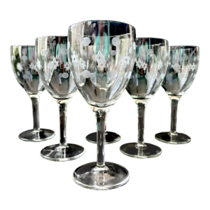 Vintage Wine Glasses by Standard Glass Co in the Criss Cross & Punties Pattern – Set of 6 Gobblets - Art Deco Depression Glass – 7.25"