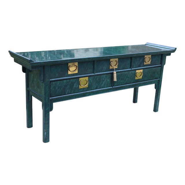 Vintage Century Furniture Faux-Malachite Green Pagoda Console Sideboard With Brass Hardware, Attributed For Sale