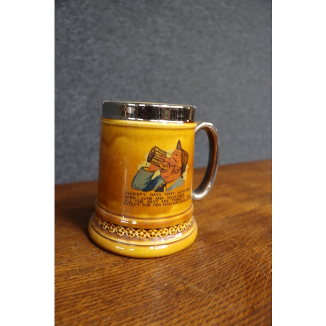 Antique-Style Yellow Ceramic Tankard With Illustrated Drinking Verse and Silver-Tone Handle For Sale - Image 4 of 13