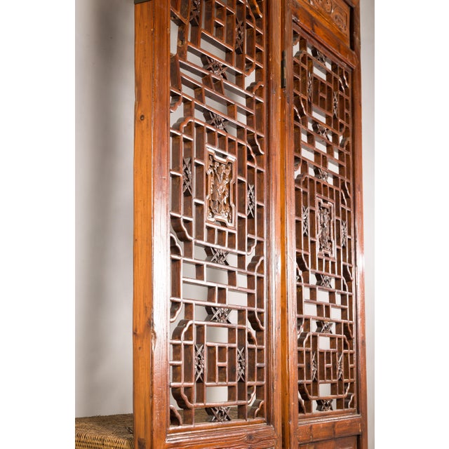 Wood Pair of Antique Chinese Carved Elm Lattice Screens with Figural Motifs For Sale - Image 7 of 18