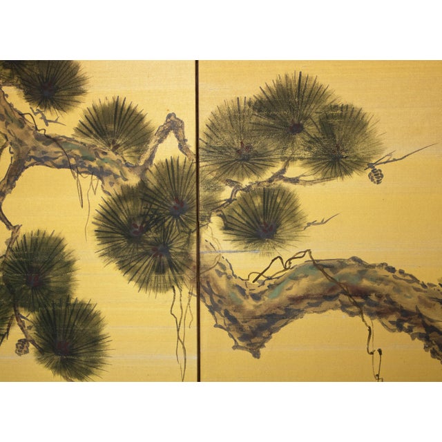"Old Pine Tree", Pre-1964 Showa Era Japanese Painted Silk Byobu Screen For Sale - Image 9 of 17