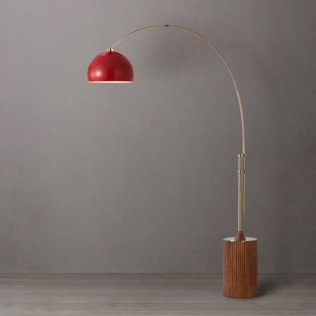 Mid-Century Modern 1980s Adjustable Nova of California Mid Century Floor Lamp - 92" Modern Arc Lamp, Weathered Brass, Walnut Base, Crimson Red Shade For Sale - Image 3 of 11
