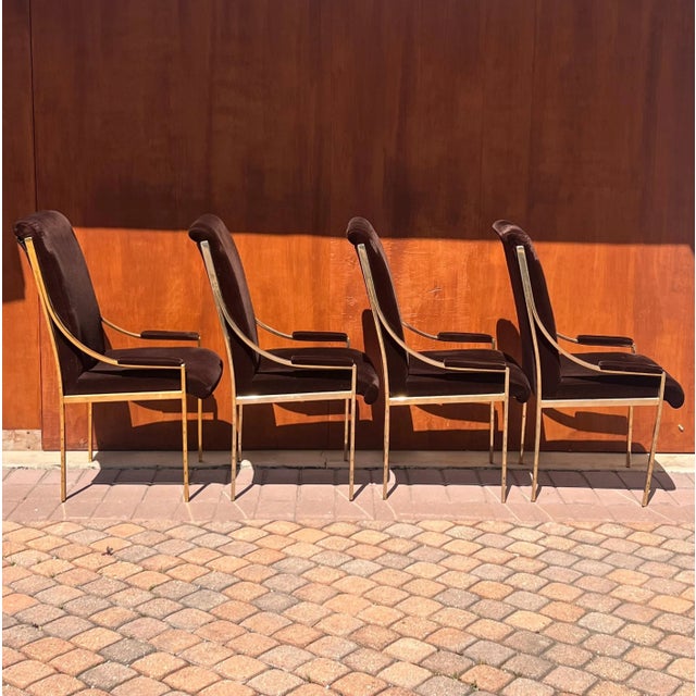 Hollywood Regency 20th Century Brass And Brown Velvet Dining Room Chairs - Set of 4 For Sale - Image 3 of 12