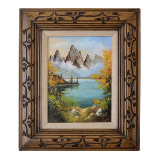 Small Signed Vintage Mountains & Lake Landscape Painting For Sale