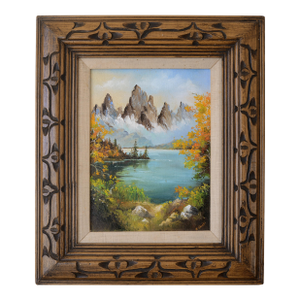 Small Signed Vintage Mountains & Lake Landscape Painting