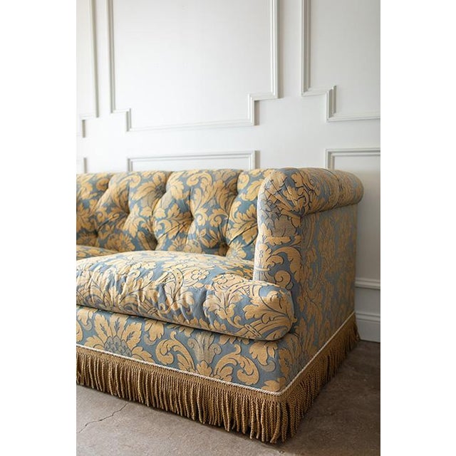 Textile Vintage Damask Traditional Tufted Rolled-Arm Sofa With Fringe Skirt For Sale - Image 7 of 18