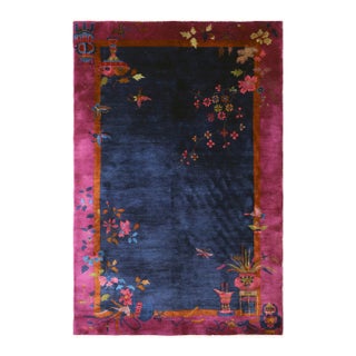 5'x8' 1920s Vintage Chinese Art Deco Rug – Hand-Knotted Wool | Navy & Ruby | Butterflies, Flowers & Vases Design For Sale