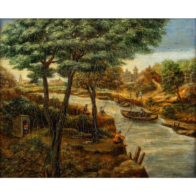 Academic Dutch Painting of a Wooded Riverside in the manner of Mattheus Molanus Mongrammed H.M. 19th century; Netherlands...