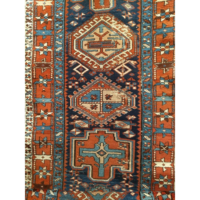 19th Century Antique Heriz Serapi Runner Rug, Hand-Knotted Wool, Geometric Pattern, Navy & Red,4x12 For Sale - Image 5 of 11