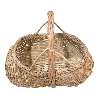 Large Vintage Handwoven Farmhouse Buttock Basket for Egg or Harvest Gathering - French Country - Rustic European - Farmhouse Style - Americana For Sale