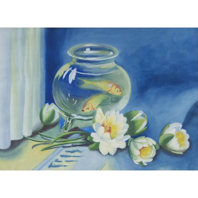 Traditional Mid Century Water Lilies & Fish Bowl Still Life Painting For Sale - Image 3 of 3