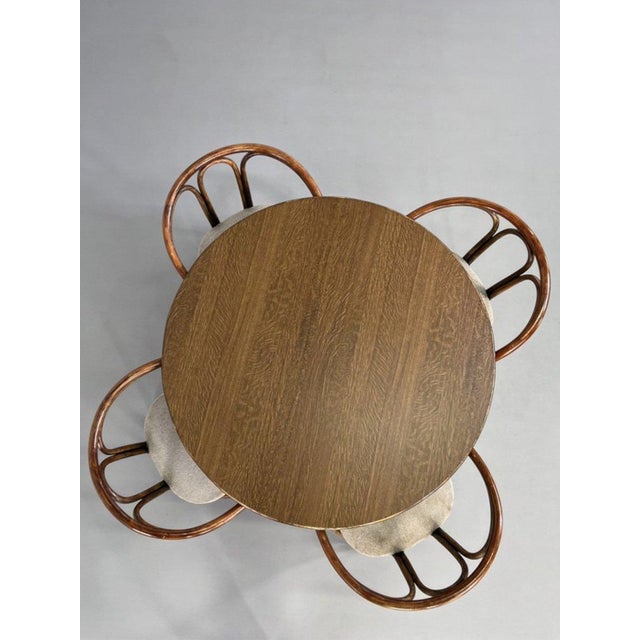 Round Oak Dining Table and Rattan Armchairs, Set of 5 For Sale - Image 4 of 17
