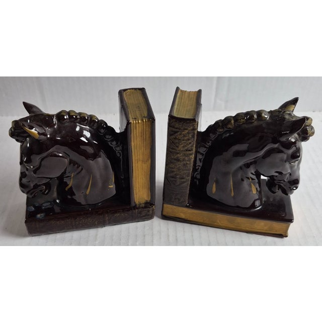 Ceramic Vintage MCM Brown Gold Ceramic Hand Painted Horse Head Equestrian Decor Bookends Pair For Sale - Image 7 of 7