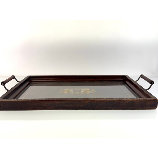 Rustic European 1960s English Regency Style Inlaid Mahogany Serving Tray With Greek Key Border and Wood & Brass Handles For Sale - Image 3 of 10