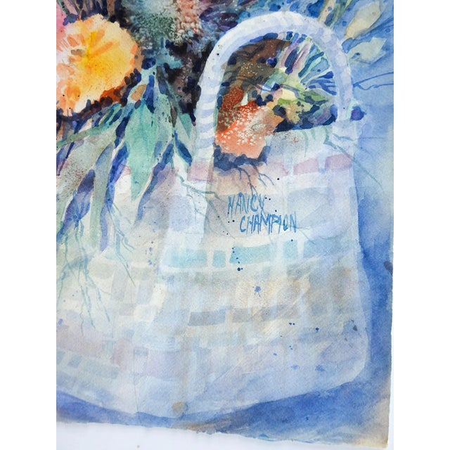Vintage watercolor on paper impressionist floral still life painting by Nancy Champion (20th century). Signed lower right....