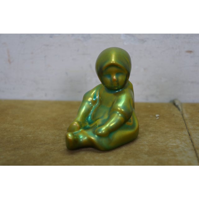 Green Late 20th Century Zsolnay Eosin Hungarian Iridescent Green Art Deco Frog & Girl Figurines 3" For Sale - Image 8 of 13