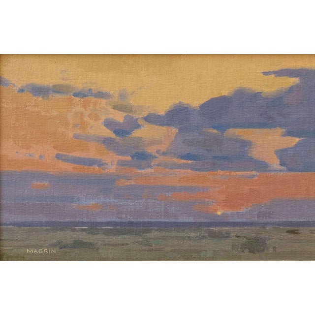 This oil on linen painting captures a serene sunset, where vibrant hues of orange and purple blend seamlessly into the...