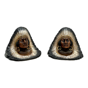 Outstanding Pair of Early 1900s Antique American Indian Motif Polychrome Hand Painted Cast Iron Bookends or Doorstops