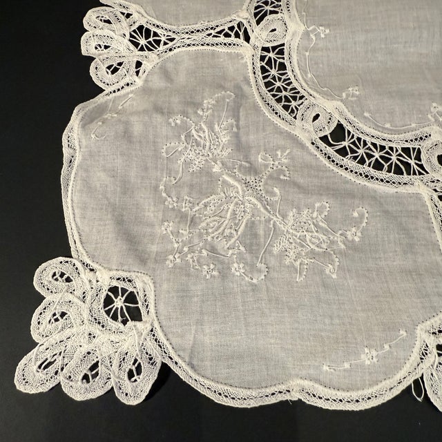 Textile Antique Square Madeira White Openwork and Battenberg Lace Linen Doily For Sale - Image 7 of 8