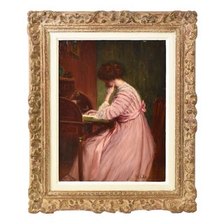 Henri-Charles Angéniol, Young Woman Reading, Oil on Wood, 20th Century, Framed For Sale