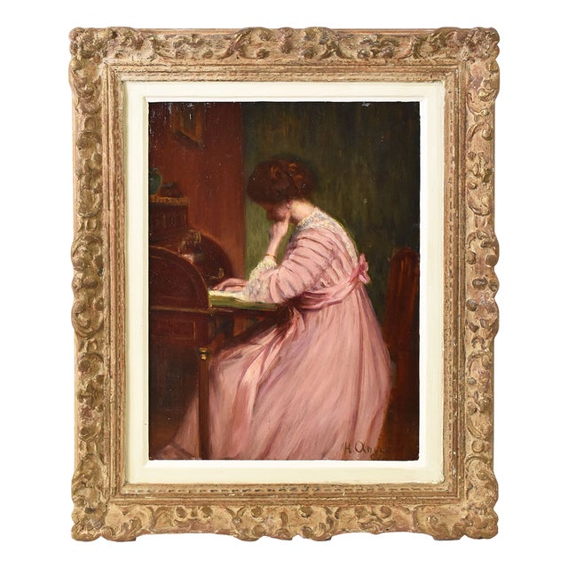 Henri-Charles Angéniol, Young Woman Reading, Oil on Wood, 20th Century, Framed For Sale