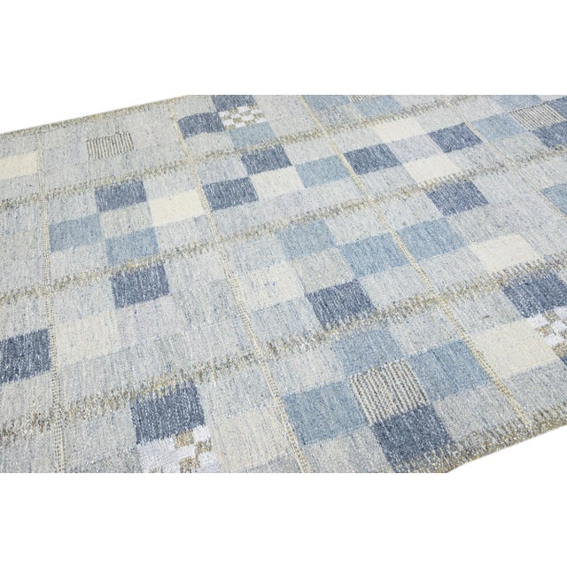 Modern Scandinavian Blue and Gray Handmade Geometric Room SizeWool Rug For Sale - Image 9 of 10