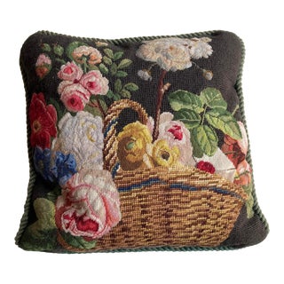 Vintage Needlepoint Floral Basket Design Pillow For Sale