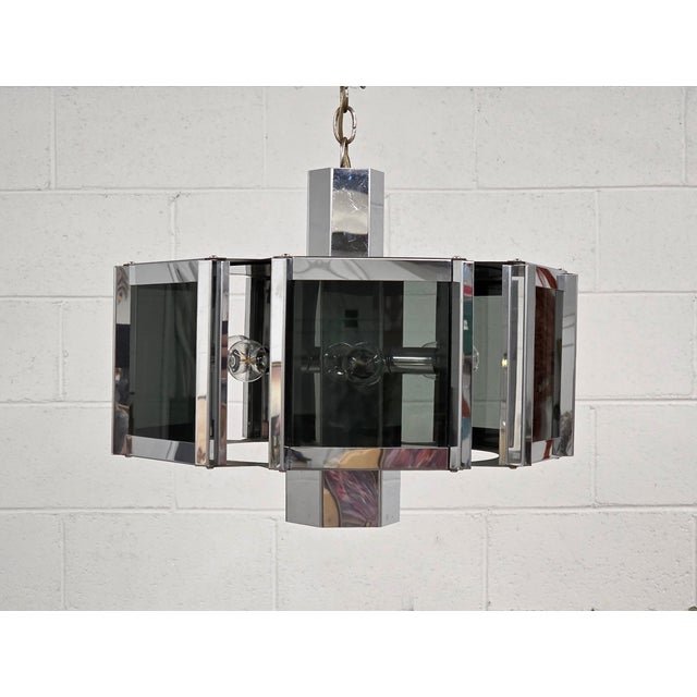 Space Age MCM Polished Chrome & Smoked Glass Chandelier By Robert Sonneman For Fredrick Ramond. This Will Make A Fabulous...