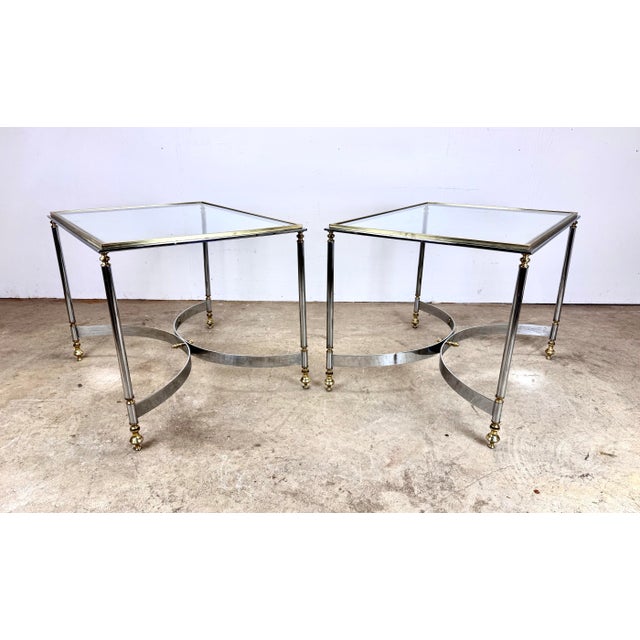 Vintage Mid 20th Century Hollywood Regency Brass, Chrome & Glass Italian Side Tables—a Pair For Sale - Image 11 of 12