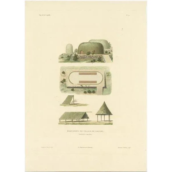 Antique print titled 'Habitations du Village de Likiliki'. Original old print of dwellings in Likiliki Village, New...