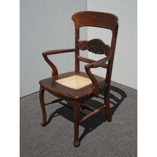 French Country Vintage French Country Brown Oak Side Chair W Cane Seat and Carved Backrest For Sale - Image 3 of 13